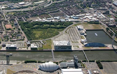 Aerial view of Pacific Quay and Festival Park on the south bank